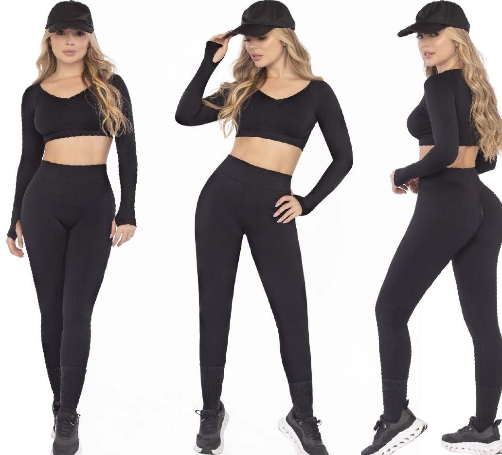 Black Leggings Set – Push-Up Bands Long Sleeve Crop Top Dotted - FEMININEUS Seamless Activewear