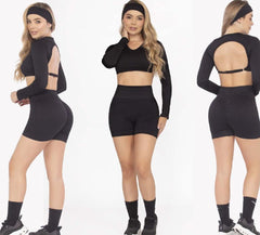 Black Two-Piece Set – Double Push-Up Bike Shorts Open Back Top - FEMININEUS Seamless Activewear