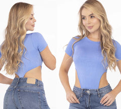 Periwinkle Bodysuit – Short Sleeve Side Cutouts Thong Cut - FEMININEUS Seamless Activewear