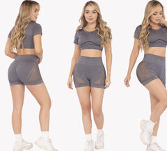 Grey Two-Piece Set – Push-Up Bike Shorts Mesh Side Panels - FEMININEUS Seamless Activewear