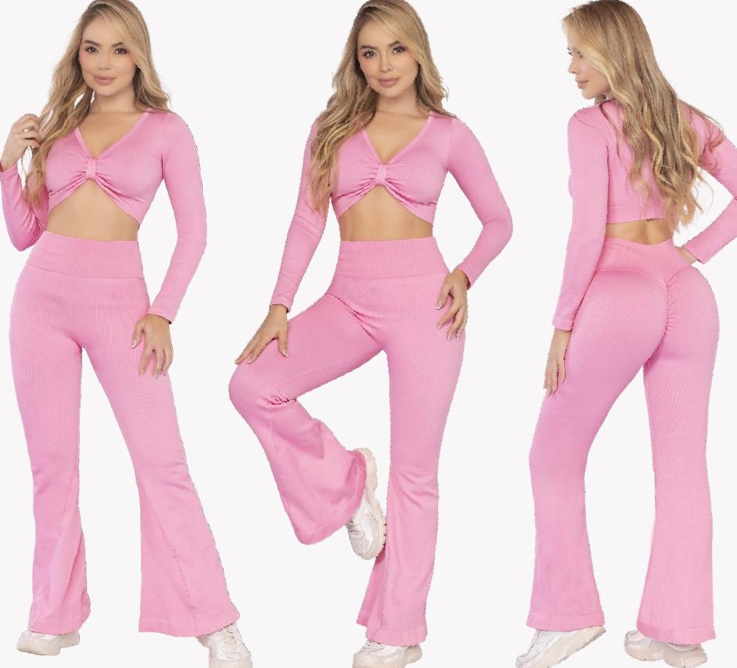 Hot Pink Flare Leggings Set – Double Push-Up Ribbed Crop Top - FEMININEUS Seamless Activewear