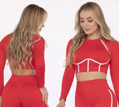 Red Corset Crop Top – Long Sleeve Bias Design - FEMININEUS Seamless Activewear