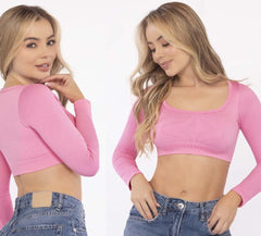 Ribbed Crop Top – Long Sleeve Bubblegum Pink - FEMININEUS Seamless Activewear
