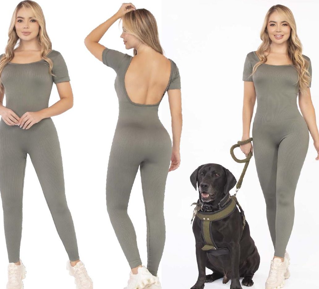 Olive Green Ribbed Jumpsuit – Short Sleeve Open Back - FEMININEUS Seamless Activewear