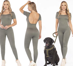 Olive Green Ribbed Jumpsuit – Short Sleeve Open Back - FEMININEUS Seamless Activewear