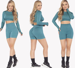 Teal Two-Piece Set – Push-Up Bands Ribbed Bike Shorts - FEMININEUS Seamless Activewear