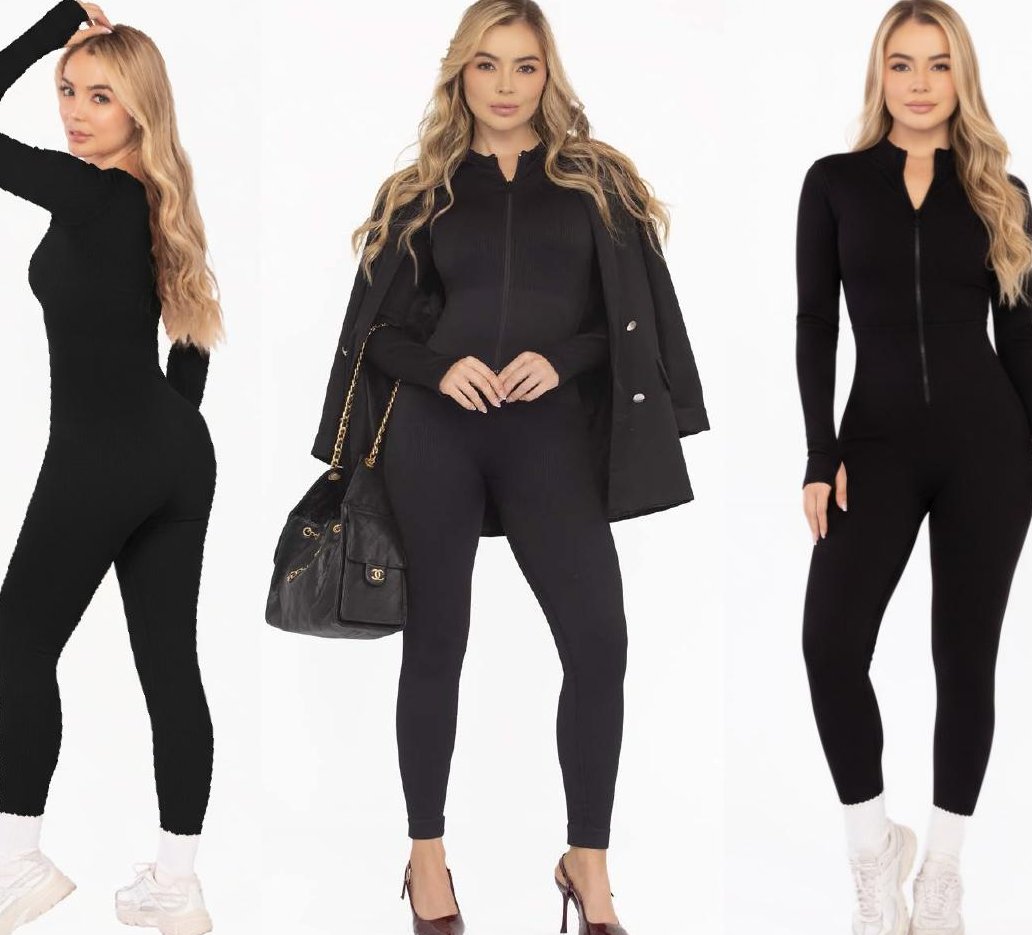 Black Long Sleeve Jumpsuit – Front Zip with Thumb Holes - FEMININEUS Seamless Activewear