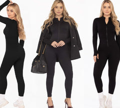 Black Long Sleeve Jumpsuit – Front Zip with Thumb Holes - FEMININEUS Seamless Activewear