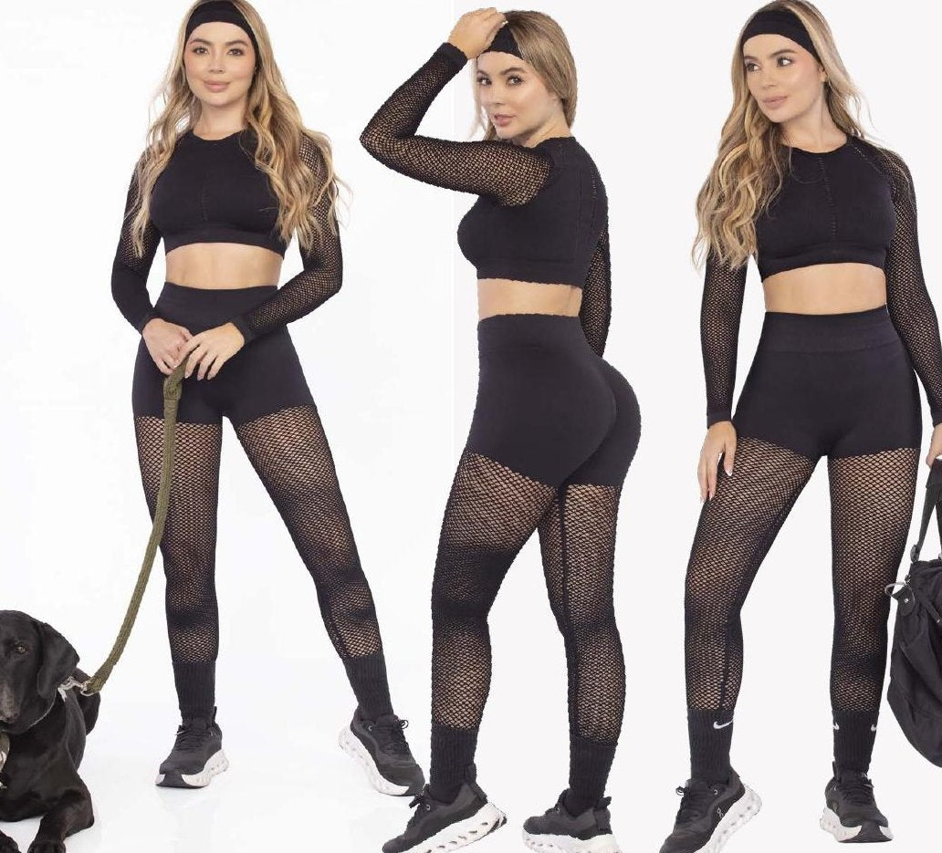 Black Mesh Leggings Set – Push-Up Dramatic Mesh Panels - FEMININEUS Seamless Activewear