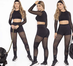 Black Mesh Leggings Set – Push-Up Dramatic Mesh Panels - FEMININEUS Seamless Activewear