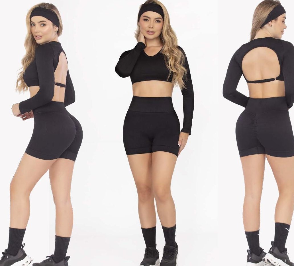 Black Two-Piece Set – Double Push-Up Bike Shorts Open Back Top - FEMININEUS Seamless Activewear