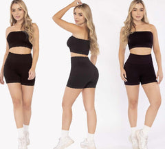 Black Two-Piece Set – Strapless Top High-Waist Bike Shorts Waffle - FEMININEUS Seamless Activewear