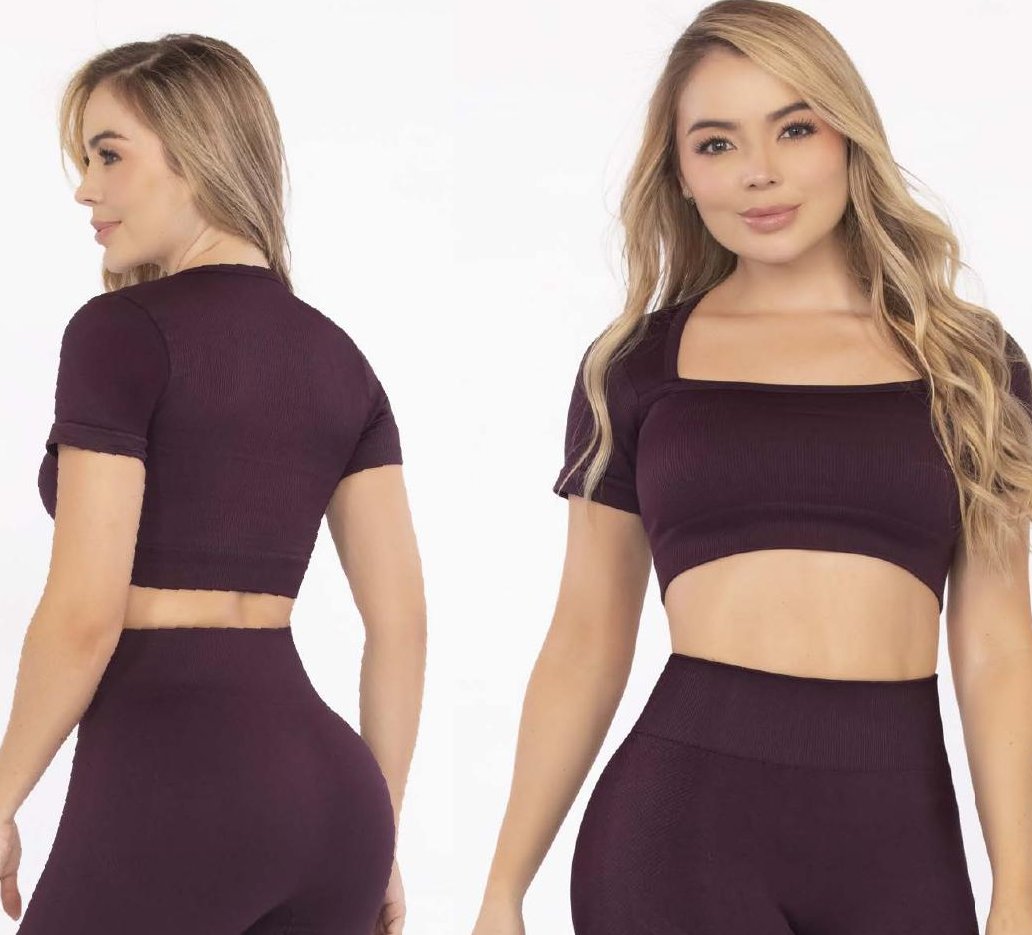 Burgundy Crop Top – Short Sleeve Square Neckline - FEMININEUS Seamless Activewear