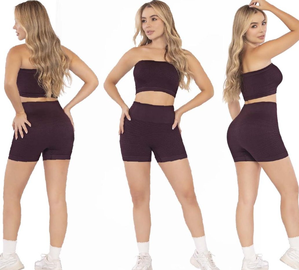 Burgundy Two-Piece Set – Strapless Top High-Waist Bike Shorts - FEMININEUS Seamless Activewear