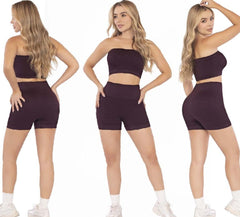 Burgundy Two-Piece Set – Strapless Top High-Waist Bike Shorts - FEMININEUS Seamless Activewear