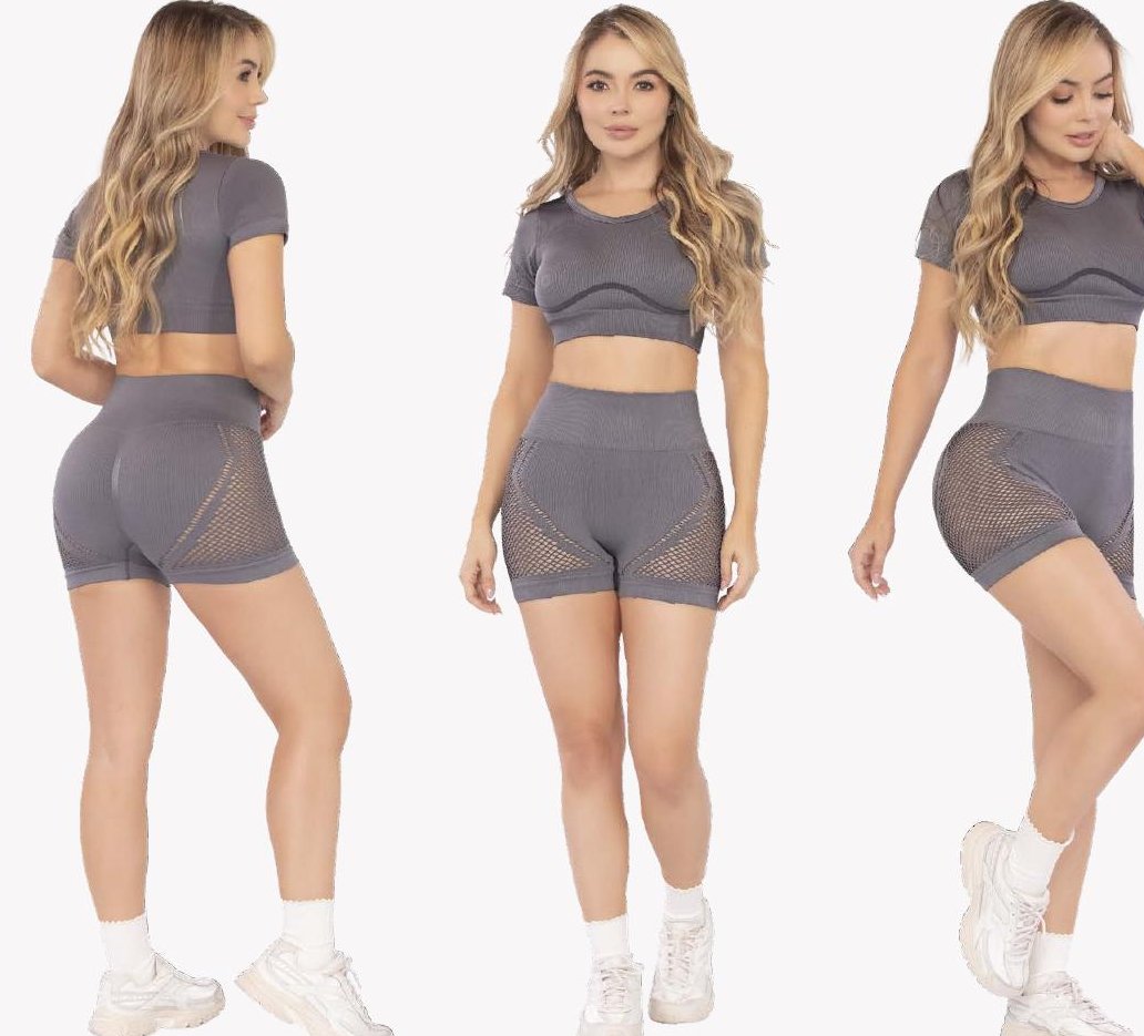 Grey Two-Piece Set – Push-Up Bike Shorts Mesh Side Panels - FEMININEUS Seamless Activewear