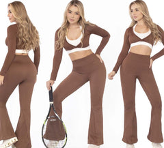 Mocha Flare Leggings Set – High-Waist Ribbed Crossover Top - FEMININEUS Seamless Activewear