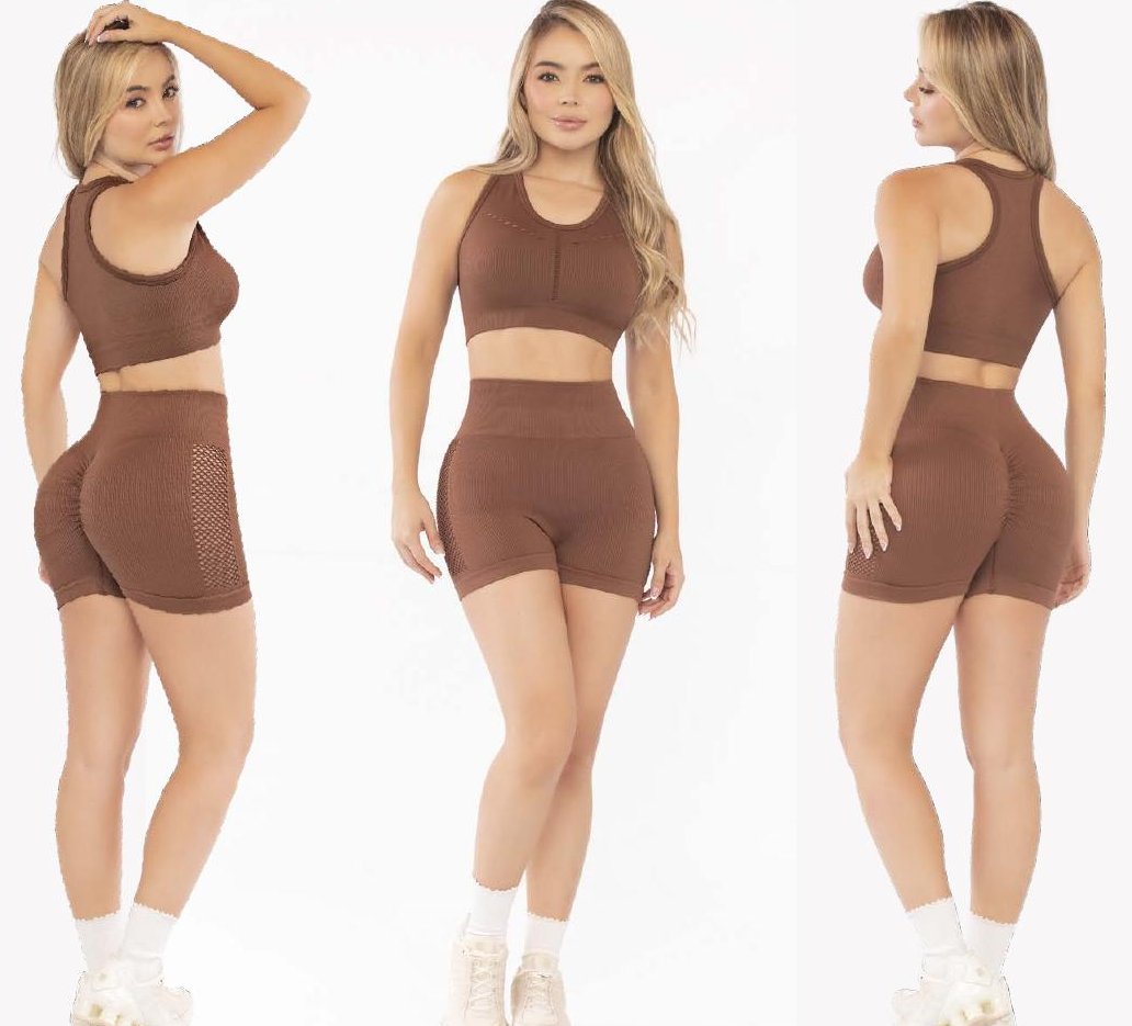 Mocha Two-Piece Set – Double Push-Up Bike Shorts Mesh Detail - FEMININEUS Seamless Activewear