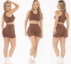 Mocha Two-Piece Set – Double Push-Up Bike Shorts Mesh Detail - FEMININEUS Seamless Activewear