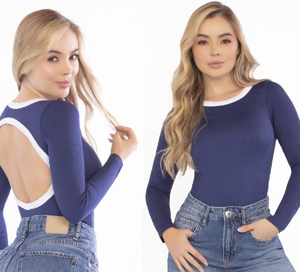 Navy Bodysuit – Long Sleeve Open Back with White Bias Trim - FEMININEUS Seamless Activewear