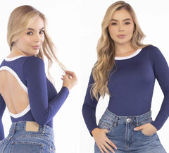 Navy Bodysuit – Long Sleeve Open Back with White Bias Trim - FEMININEUS Seamless Activewear