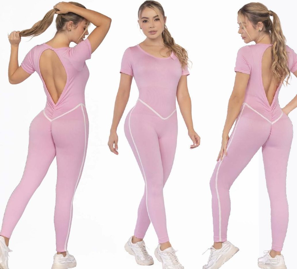 Soft Pink Jumpsuit – Double Push-Up Short Sleeve Open Back - FEMININEUS Seamless Activewear