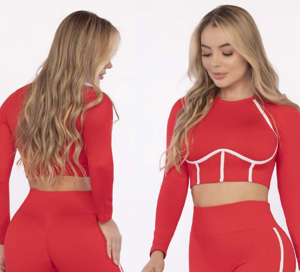 Red Corset Crop Top – Long Sleeve Bias Design - FEMININEUS Seamless Activewear
