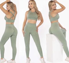 Sage Leggings Set – Push-Up Bands Waffle Crossed Back Bra - FEMININEUS Seamless Activewear