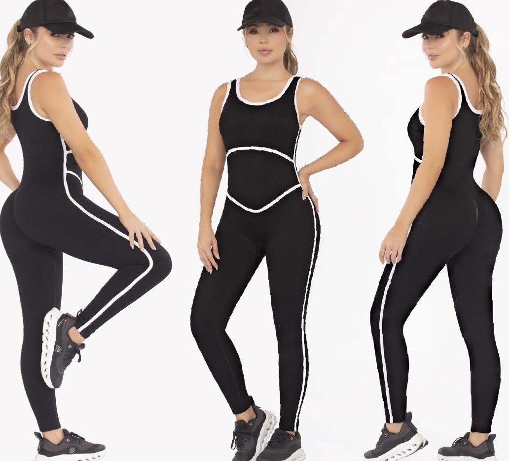 Seamless Push-Up Jumpsuit – Sleeveless Black with White Trim - FEMININEUS Seamless Activewear