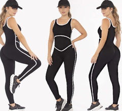 Seamless Push-Up Jumpsuit – Sleeveless Black with White Trim - FEMININEUS Seamless Activewear
