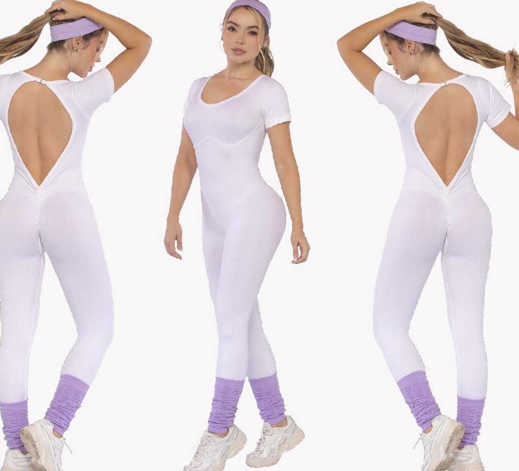 White Ribbed Jumpsuit – Double Push-Up Short Sleeve Bias Design - FEMININEUS Seamless Activewear
