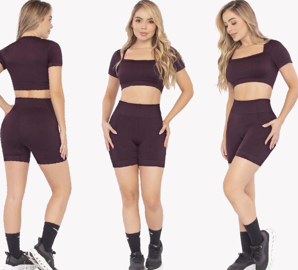Wine Two-Piece Set – Square Neck Crop Top High-Waist Bike Shorts - FEMININEUS Seamless Activewear